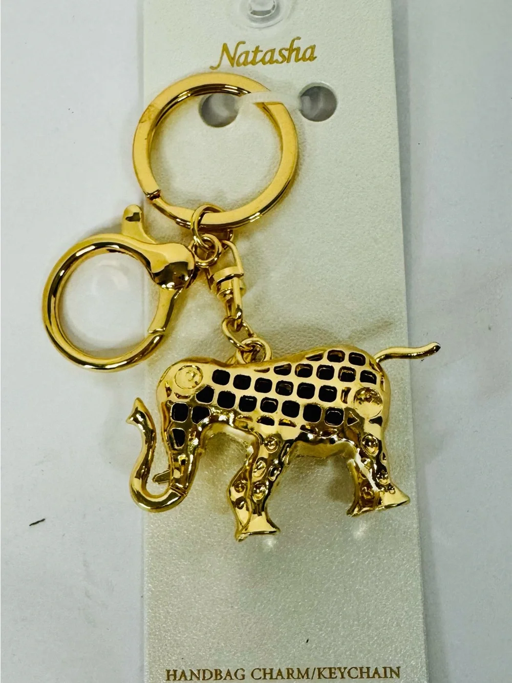 Natasha Couture Gold Elephant Keychain with Clear Crystals and Black Ear Accent